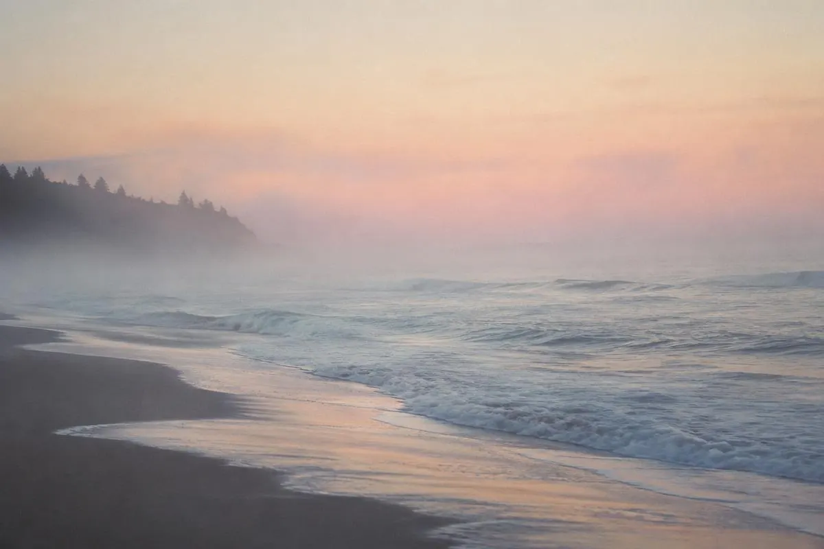Misty shoreline at dawn
