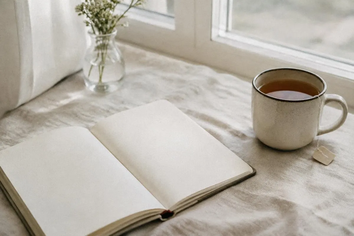 An open journal and a cup of tea by a window