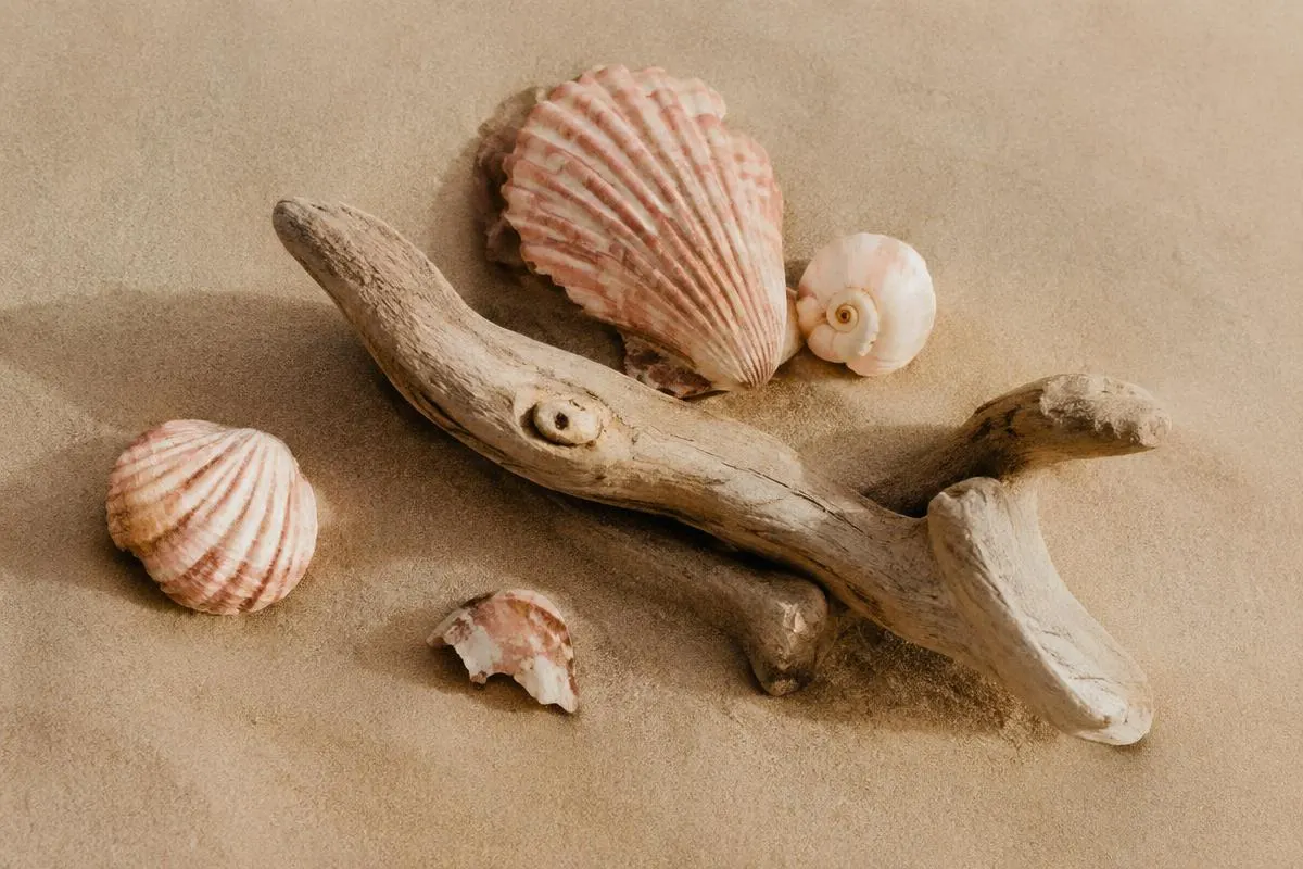 Driftwood and seashells arranged on sand