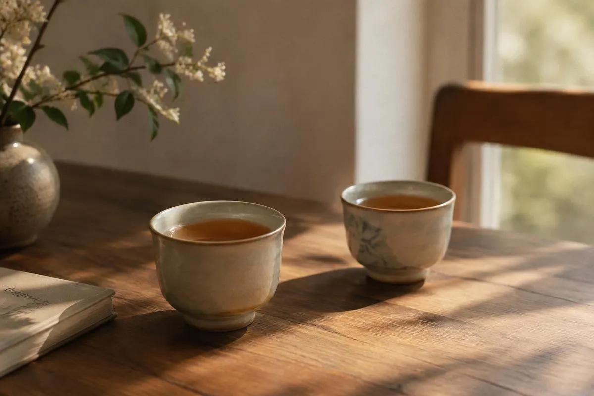 Two cups of tea on a table in afternoon light