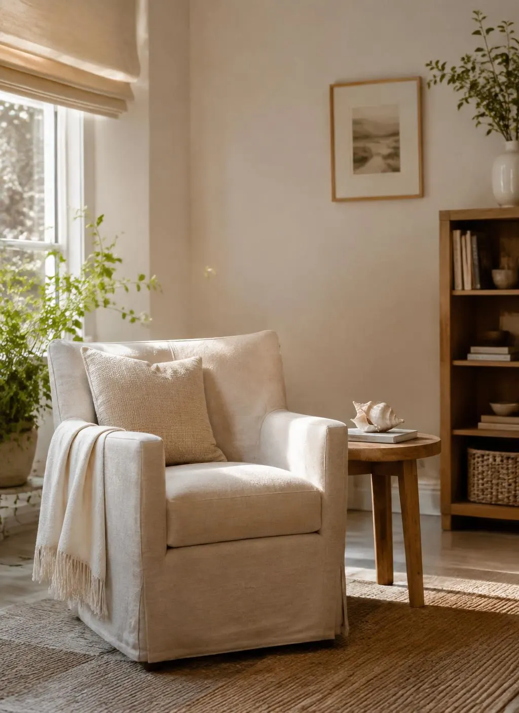 A serene counselling room with a linen armchair and a seashell on the side table