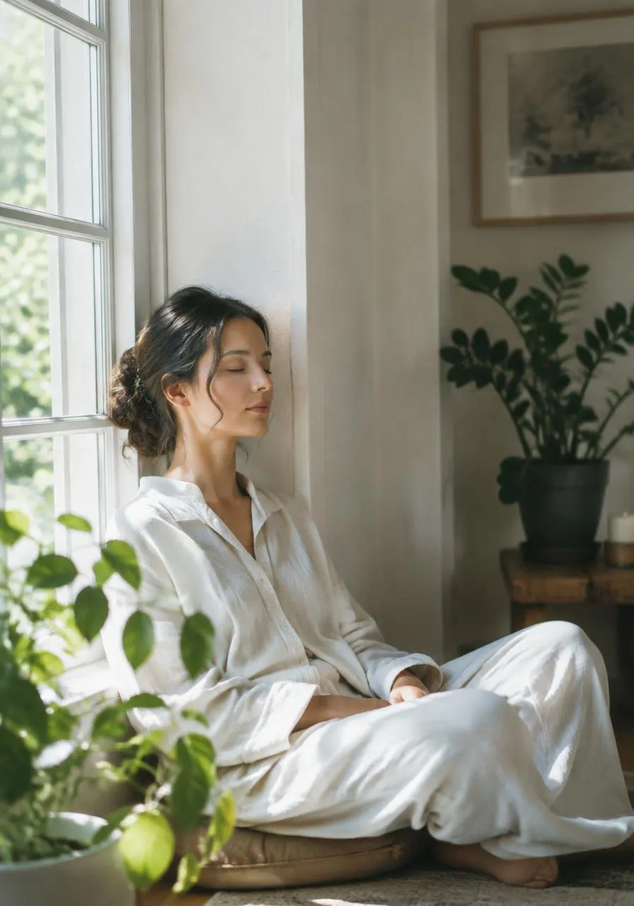 A person sitting quietly by a window with eyes closed in morning light