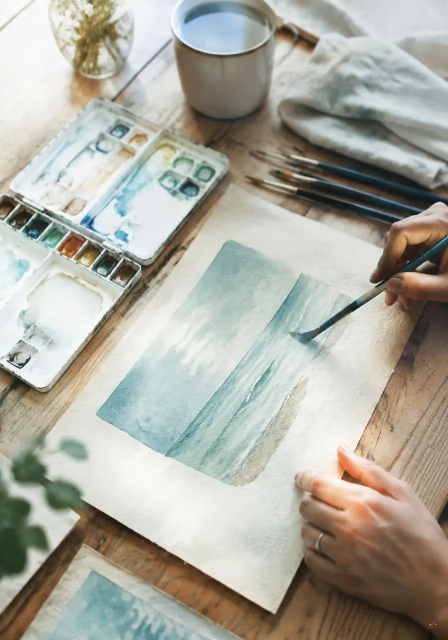 Hands painting soft ocean tones in watercolor